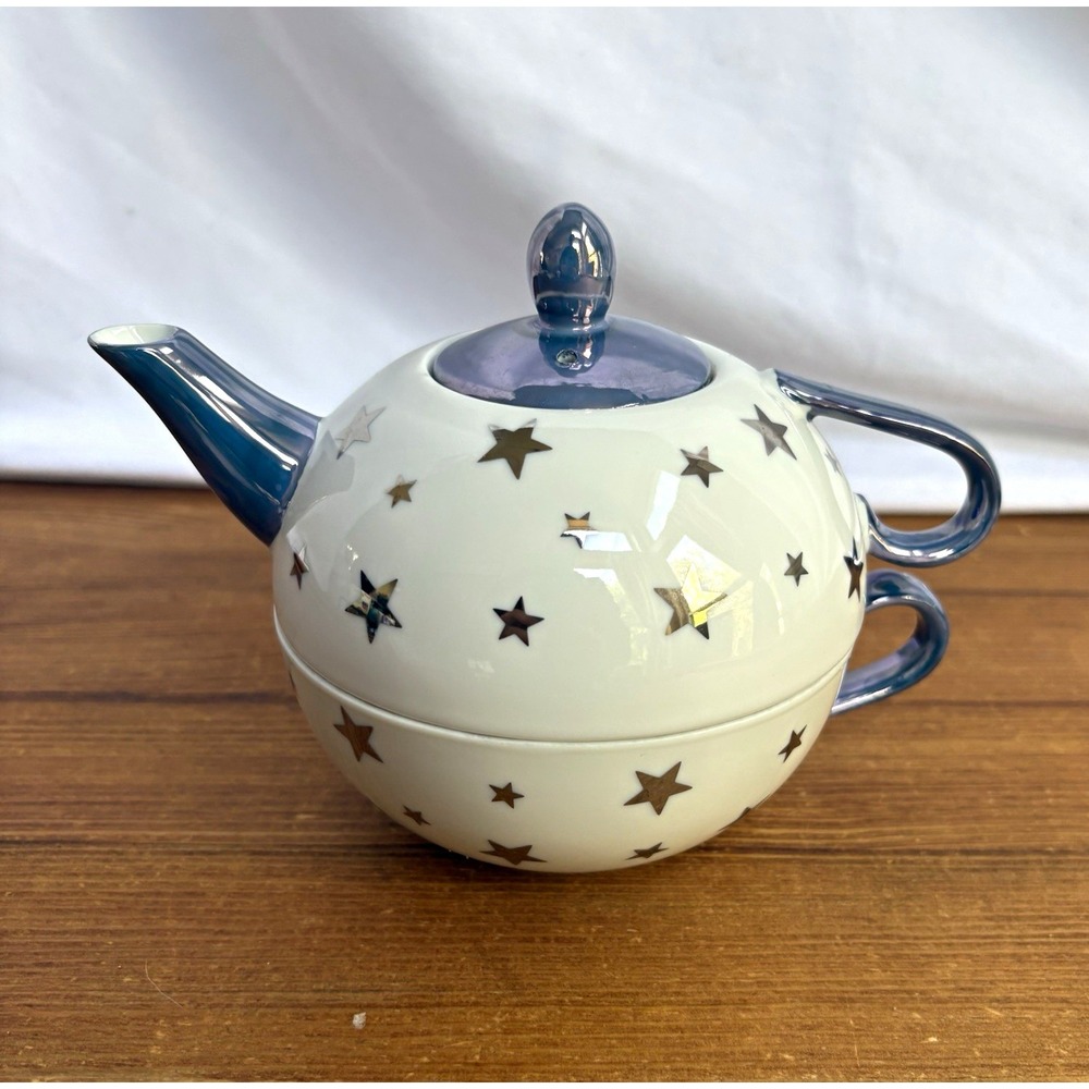 C&R Porcelain Japan Tea Pot And Mug Set Blue With Silver Stars